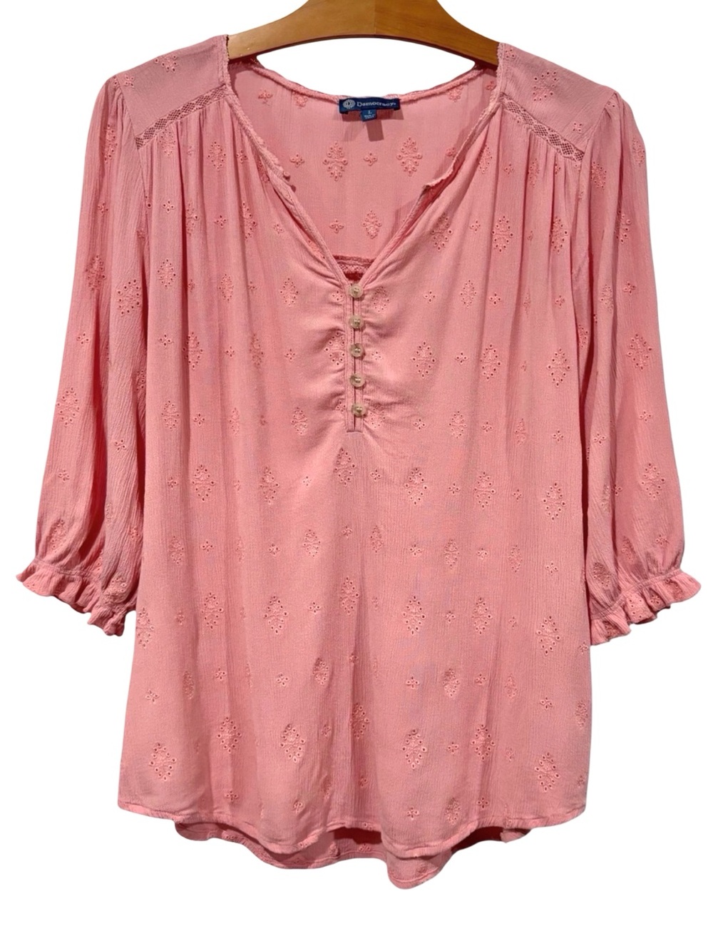 Democracy Embroidered Eyelet Peasant Blouse Pink Large